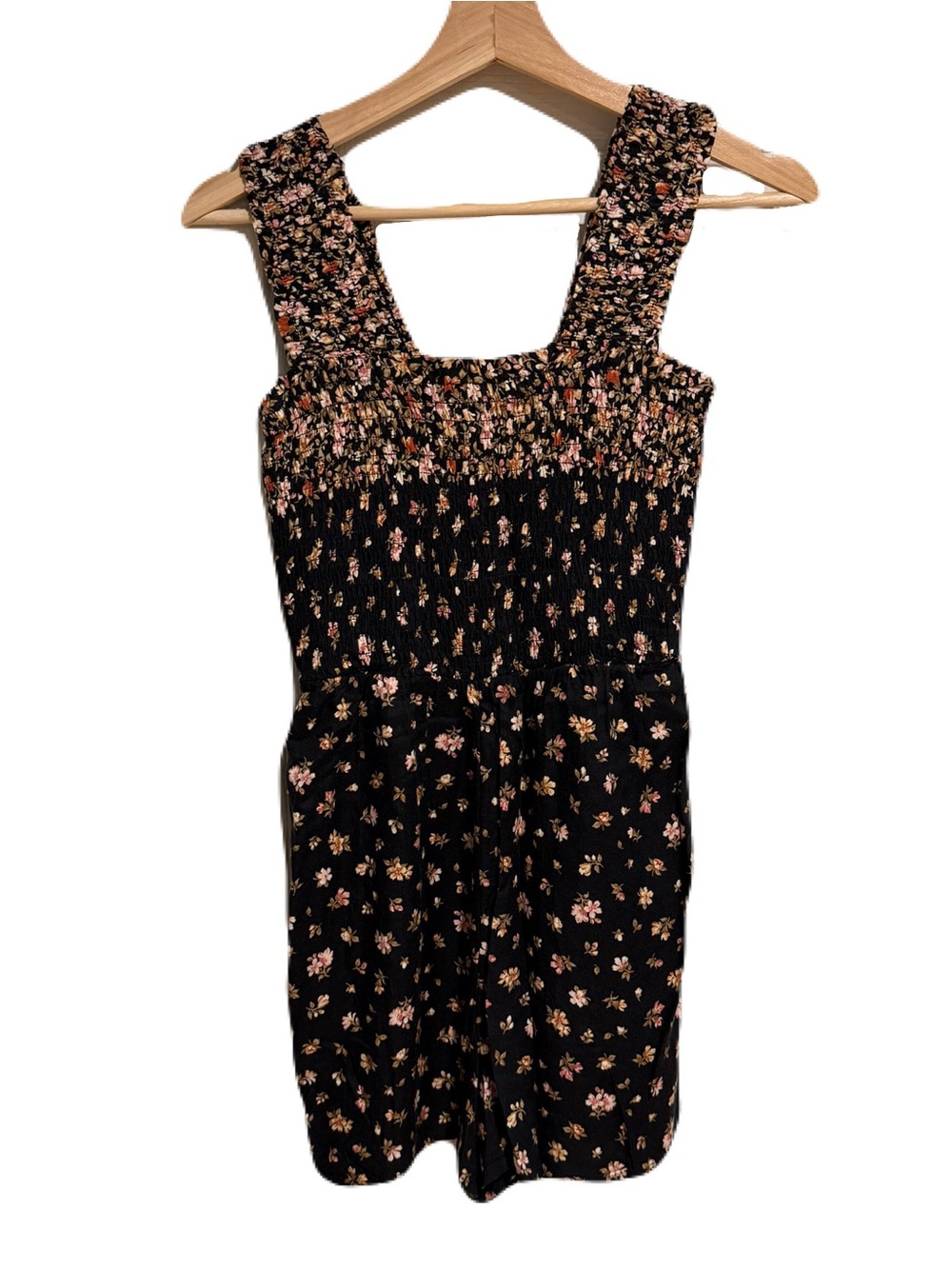 American Eagle Floral Black Romper with Pink & Cream Accents